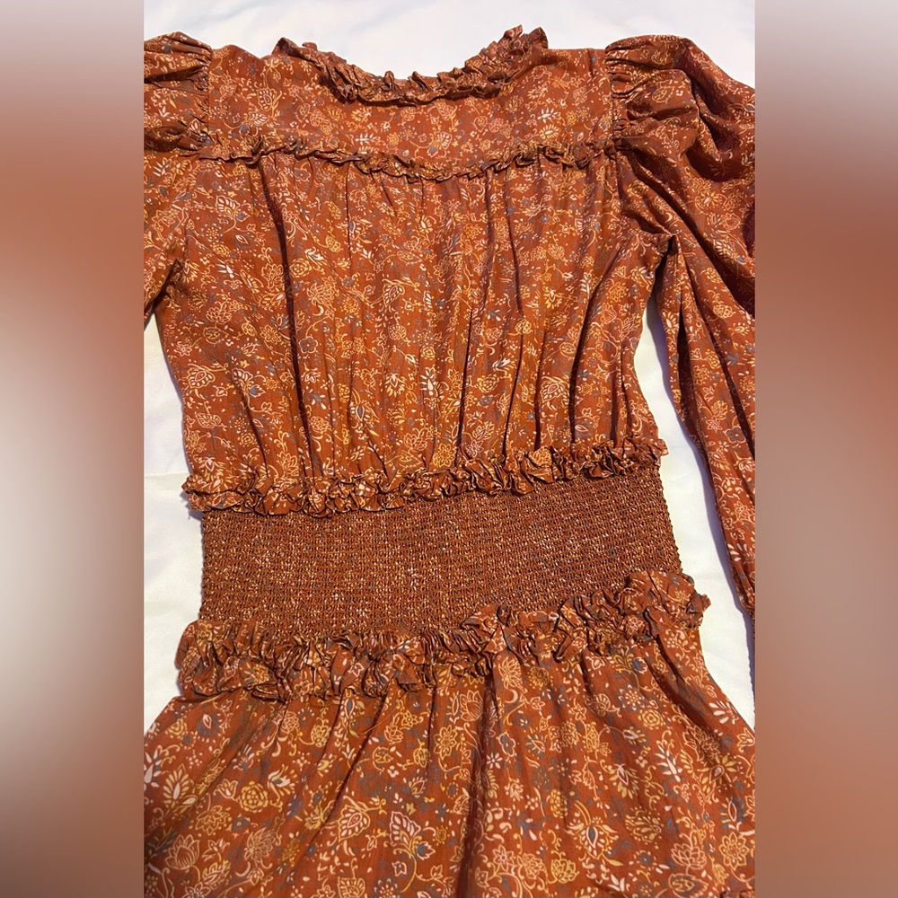 House of Harlow 1960 Rust Floral Ruffle Long Sleeve Mini Dress - Picture 3 of 6